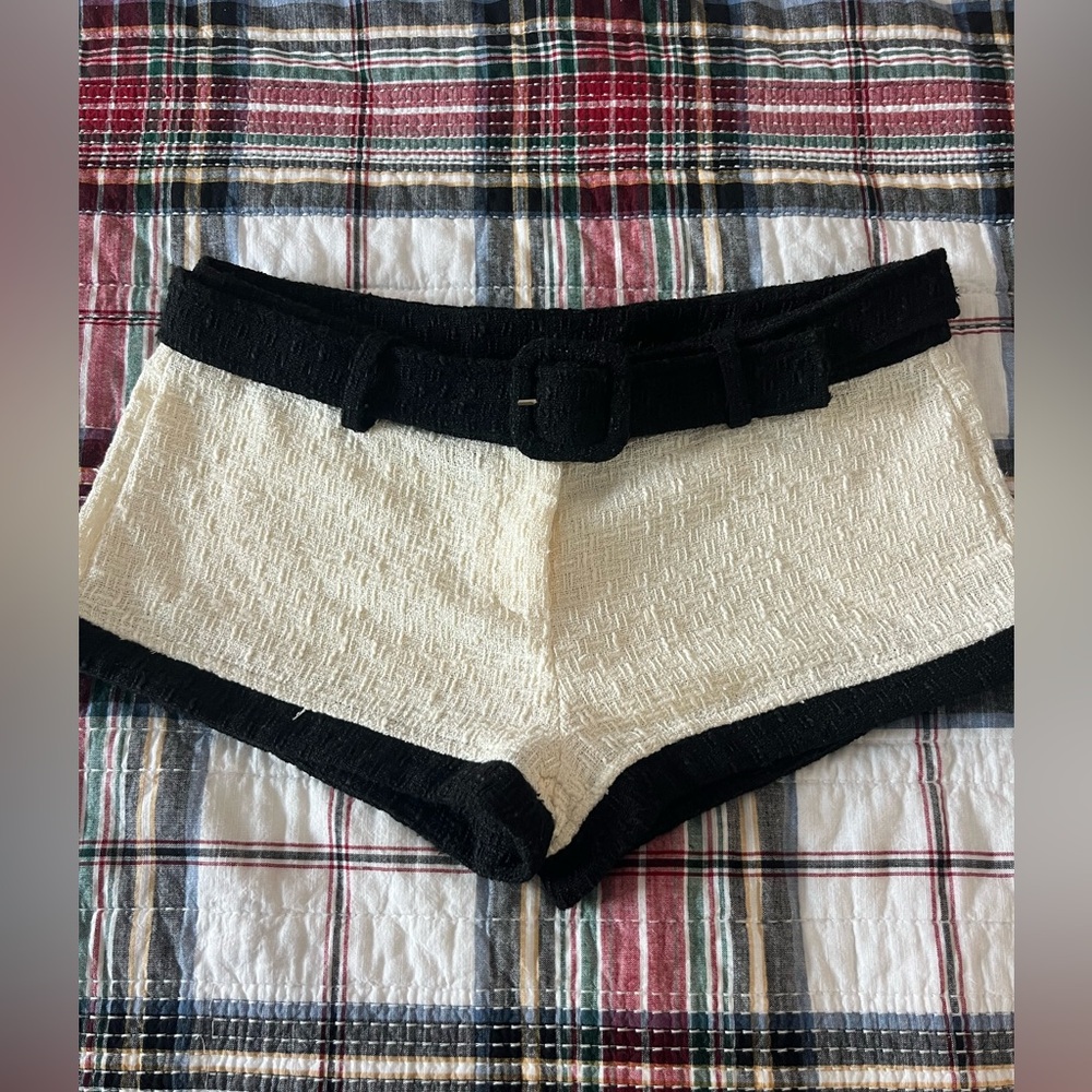 Lioness Afterglow Belted Black and Cream Low Rise Mini Shorts